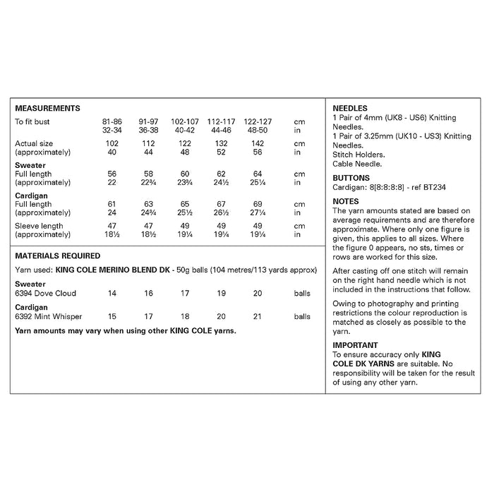 King Cole 6432 Double Knitting Pattern for Ladies Sweater & Cardigan (32-50in)