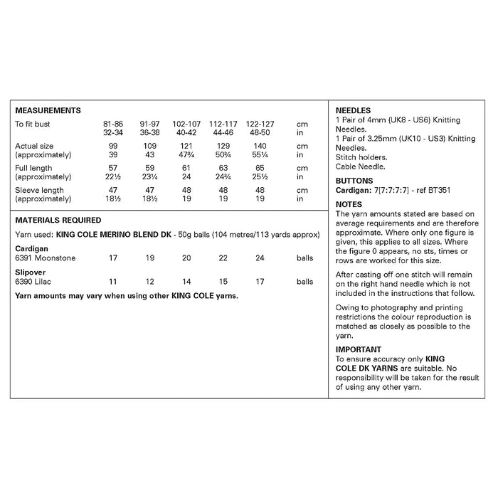 King Cole 6433 Double Knitting Pattern for Ladies Cardigan & Slipover (32-50in)