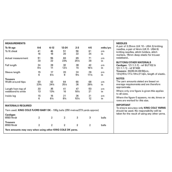 King Cole 6460 DK Knitting Pattern - Easy Knit Cardigan & Trousers (0 to 5 yrs)