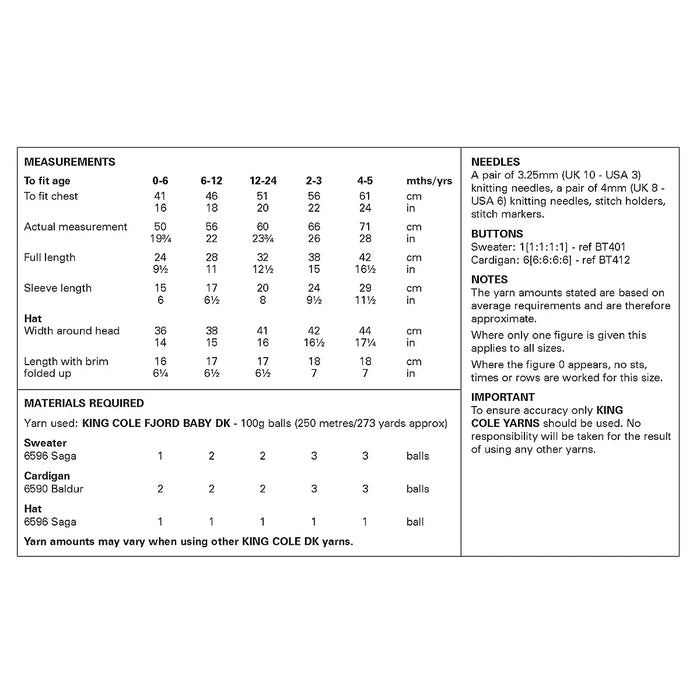 King Cole 6461 DK Knitting Pattern - Sweater, Cardigan & Hat (0 to 5 yrs)