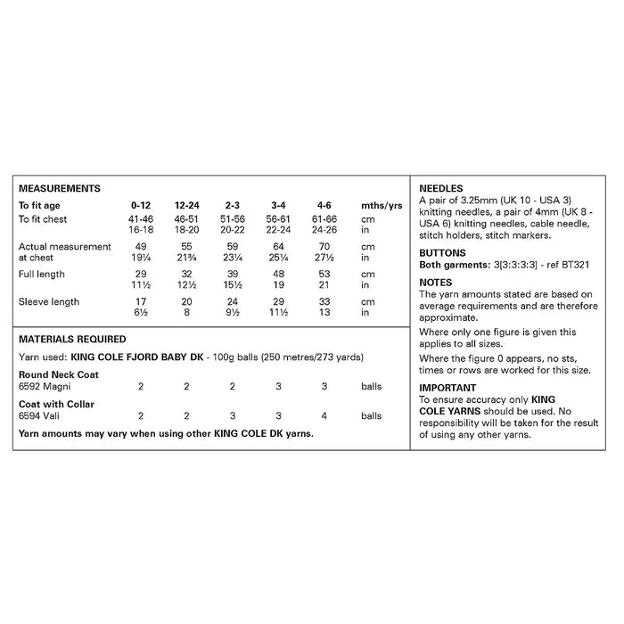 King Cole 6464 Double Knitting Pattern - DK Baby / Childrens Coats (0 to 6 yrs)