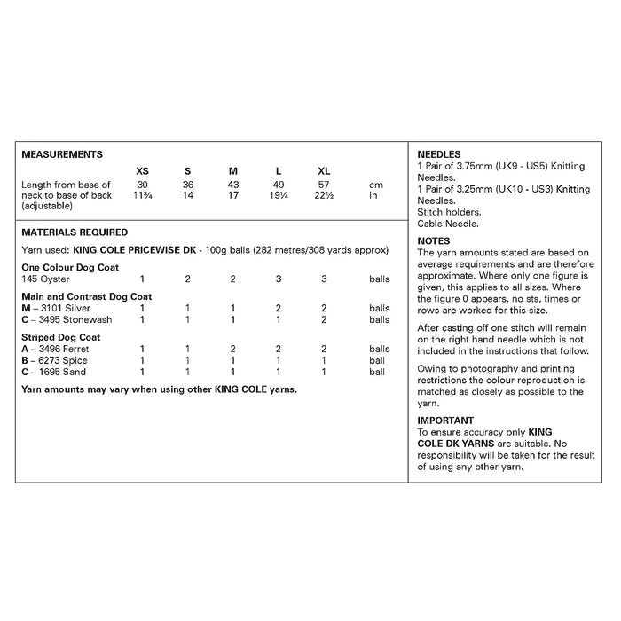 King Cole Pattern 6467 Double Knitting Pattern - Coat Pattern for Dogs