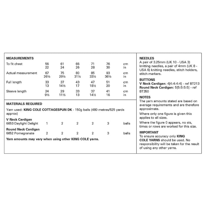 King Cole 6492 DK Knitting Pattern - Easy Children's Cardigans (22-30in)