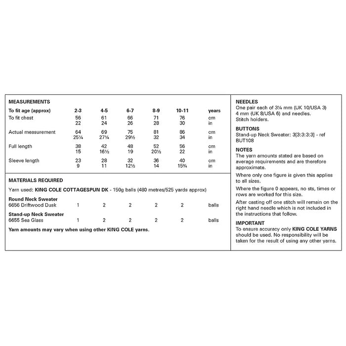 King Cole 6493 DK Knitting Pattern - Easy Children's Sweaters (2-11yrs)