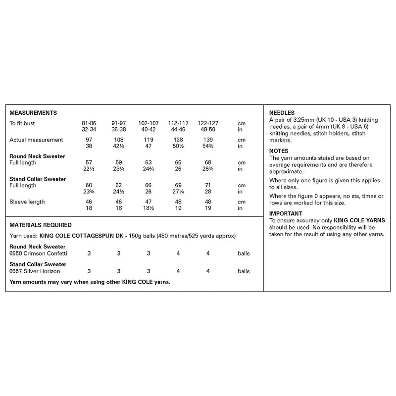 king cole 6494 pattern requirements