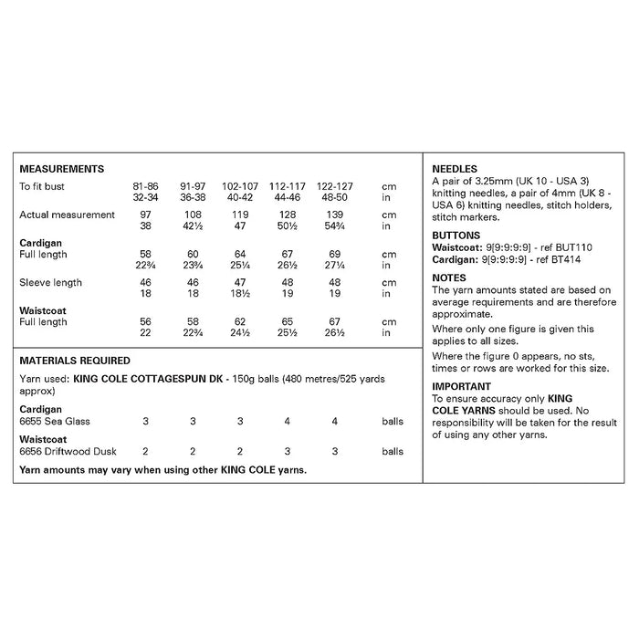 King Cole 6496 knitting pattern measurements and yarn requirements