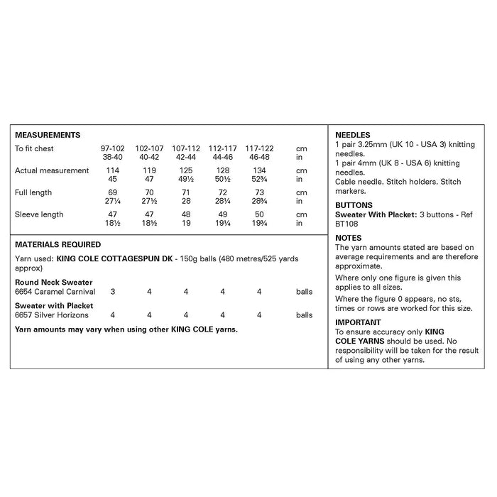 King Cole 6499 Mens DK Knitting Pattern – Sweaters (38-48in)