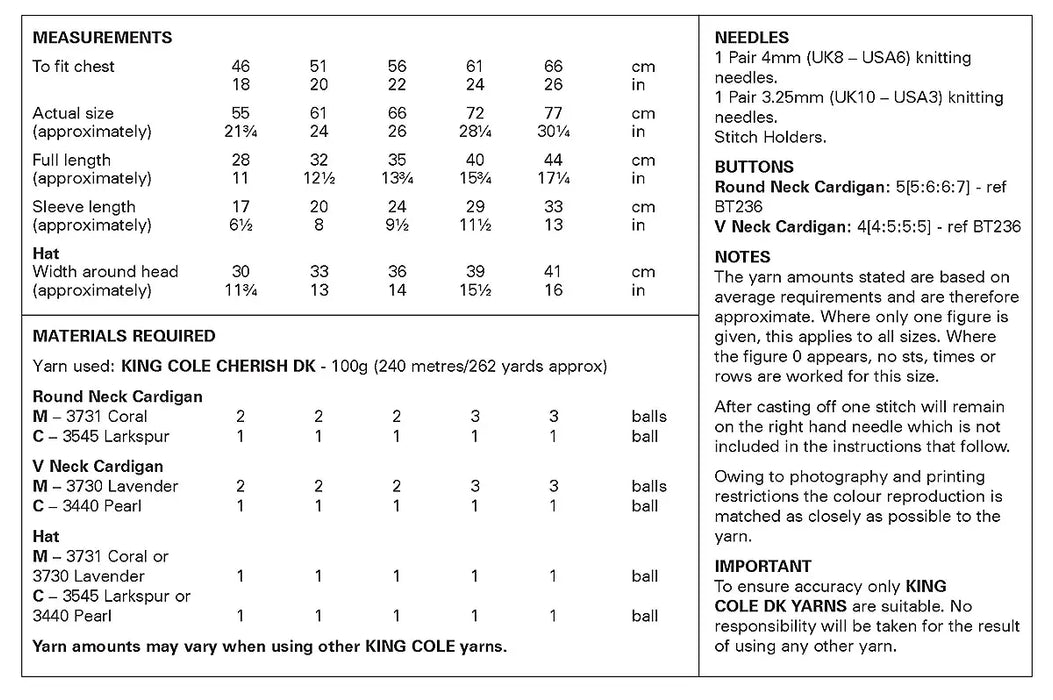 King Cole 6530 Knitting Pattern – Baby & Child Cardigans and Hat in DK (18–26 inch chest)