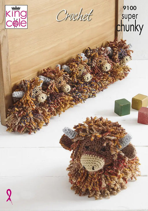 Front cover of King Cole 9100 crochet pattern showing a Highland Cow door stop and draught excluder
