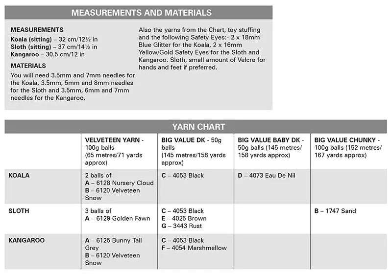 King Cole 9211 Knitting Pattern for Australian & South American Toy Animals Knitted in Velveteen