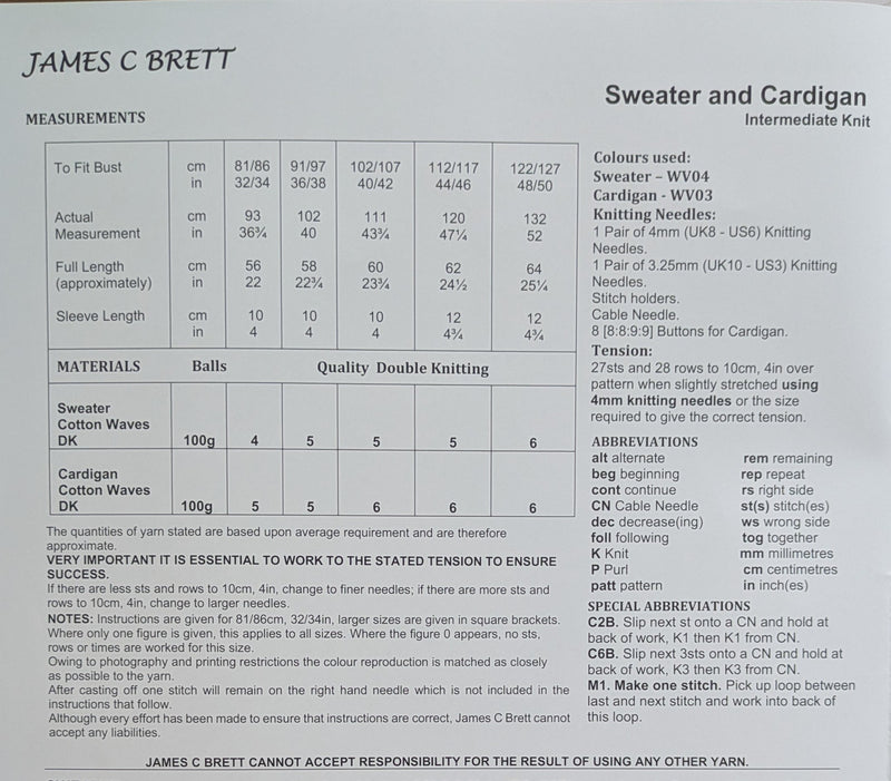James C Brett JB966 Double Knitting Pattern - Cotton DK Ladies Cardigan & Sweater