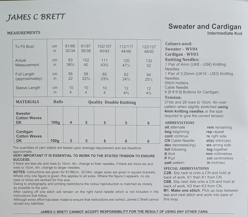 James C Brett JB966 Double Knitting Pattern - Cotton DK Ladies Cardigan & Sweater