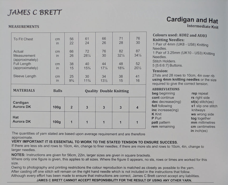James C Brett JB845 Double Knitting Pattern for Children's Cardigan & Hat (22-30in)