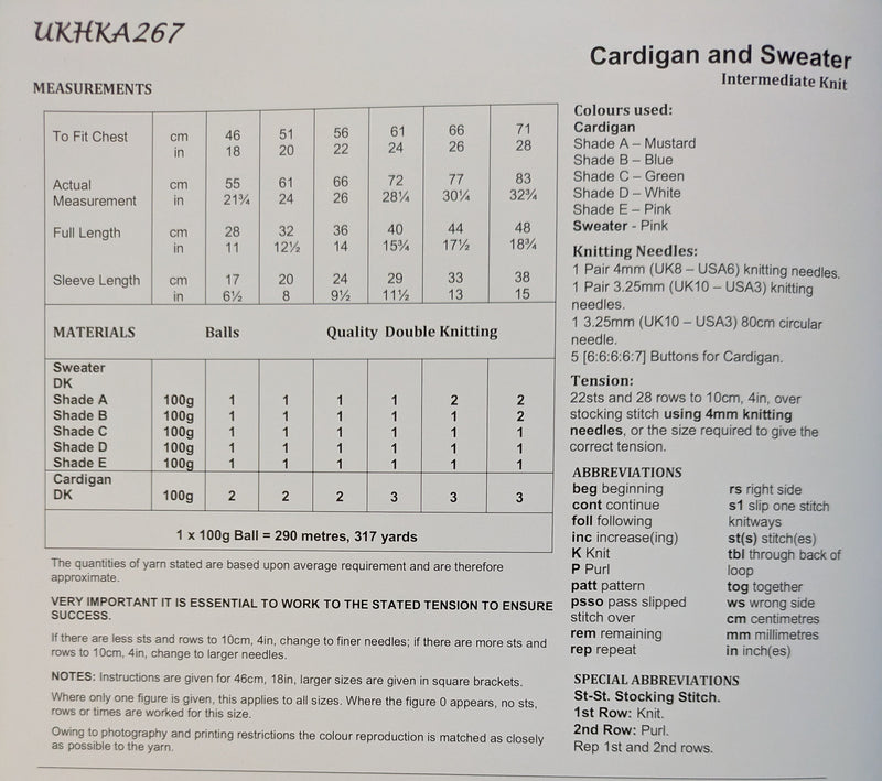 UKHKA 267 Double Knitting Pattern - Baby / Children's Cardigan & Sweater (18-28in)