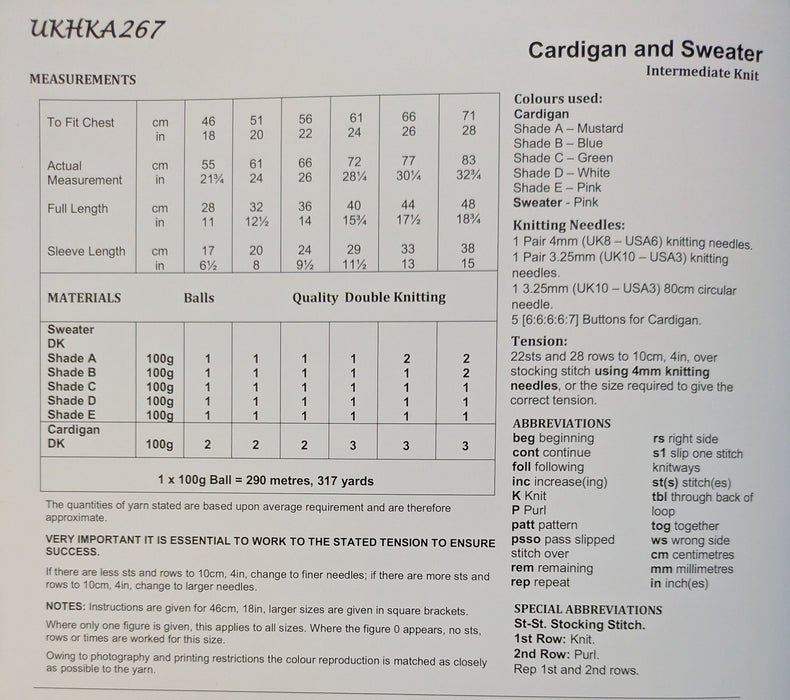 UKHKA 267 Double Knitting Pattern - Baby / Children's Cardigan & Sweater (18-28in)