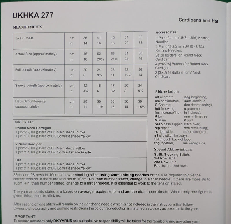 UKHKA 277 Double Knitting Pattern - DK Baby Cardigans & Hat (14-22in)