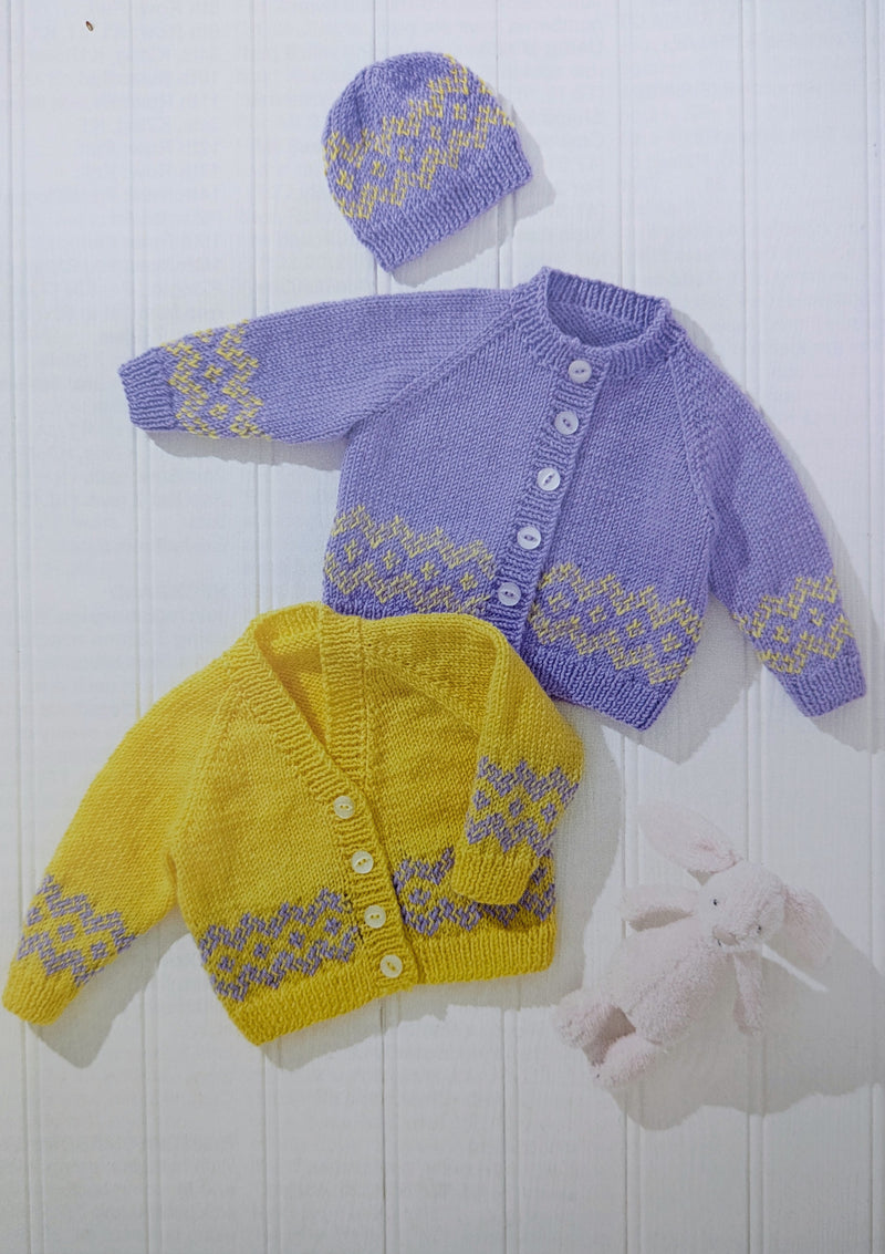 UKHKA 277 Double Knitting Pattern - DK Baby Cardigans & Hat (14-22in)