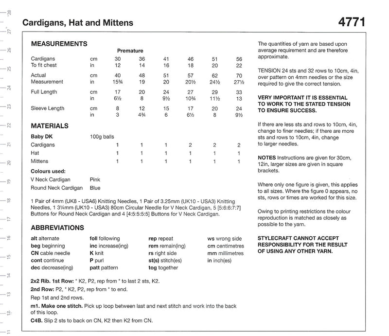 Stylecraft 4771 Premature Baby Cardigans, Hat & Mittens Knitting Pattern – DK (12–22in)