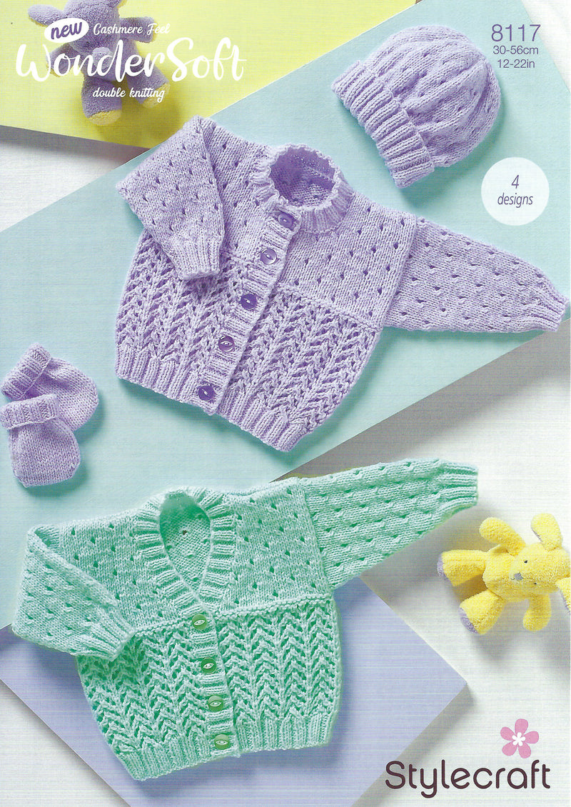 Stylecraft 8117 Baby Cardigans, Hat & Mittens DK Knitting Pattern (12–22in)