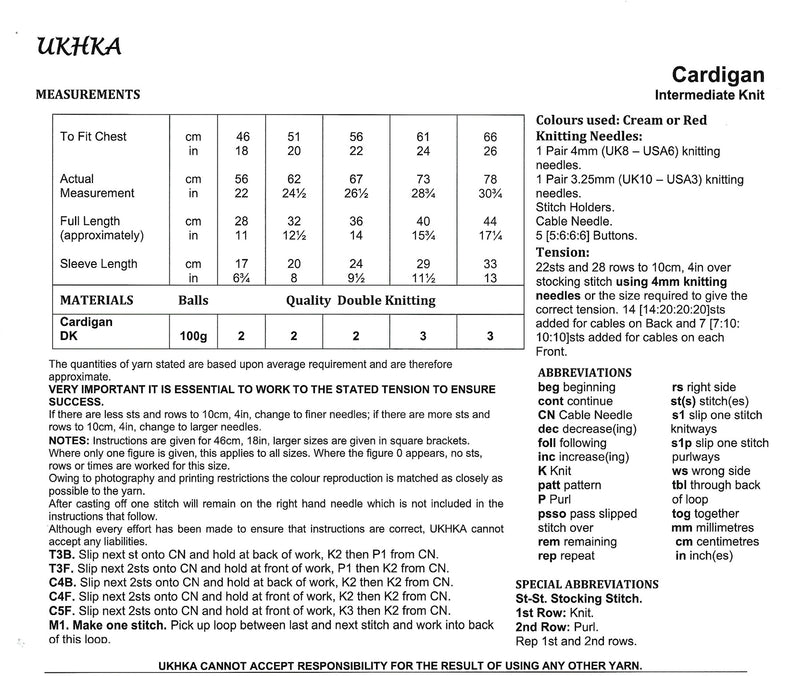 UKHKA 283 Baby Cable Cardigan Knitting Pattern DK (18-26in)