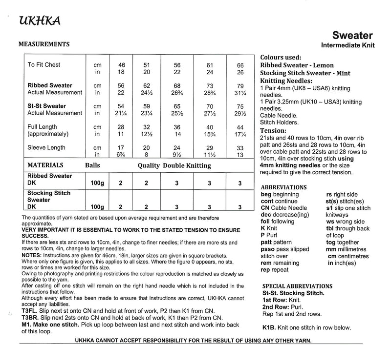 UKHKA 284 Baby Textured Sleeve Sweater Knitting Pattern DK (18-26in)