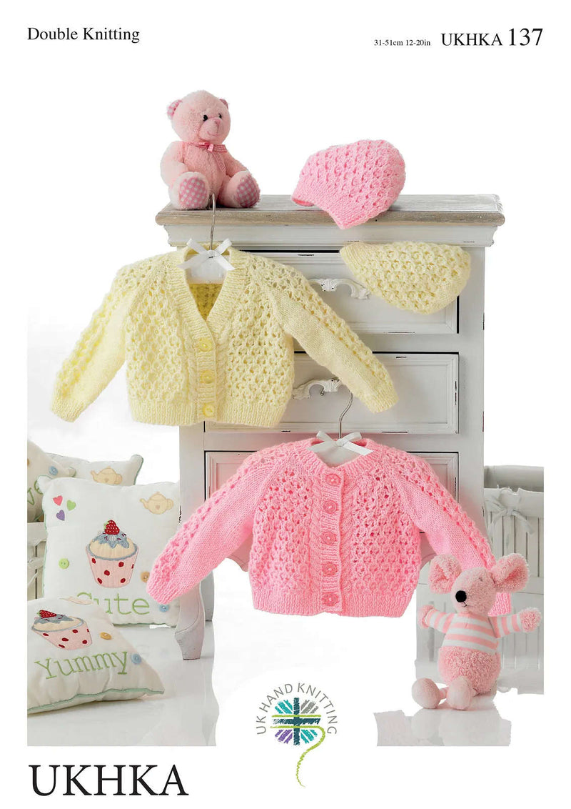 UKHKA 137 Double Knitting Pattern - DK Baby Cardigans & Hat (Premature to 12mnths)