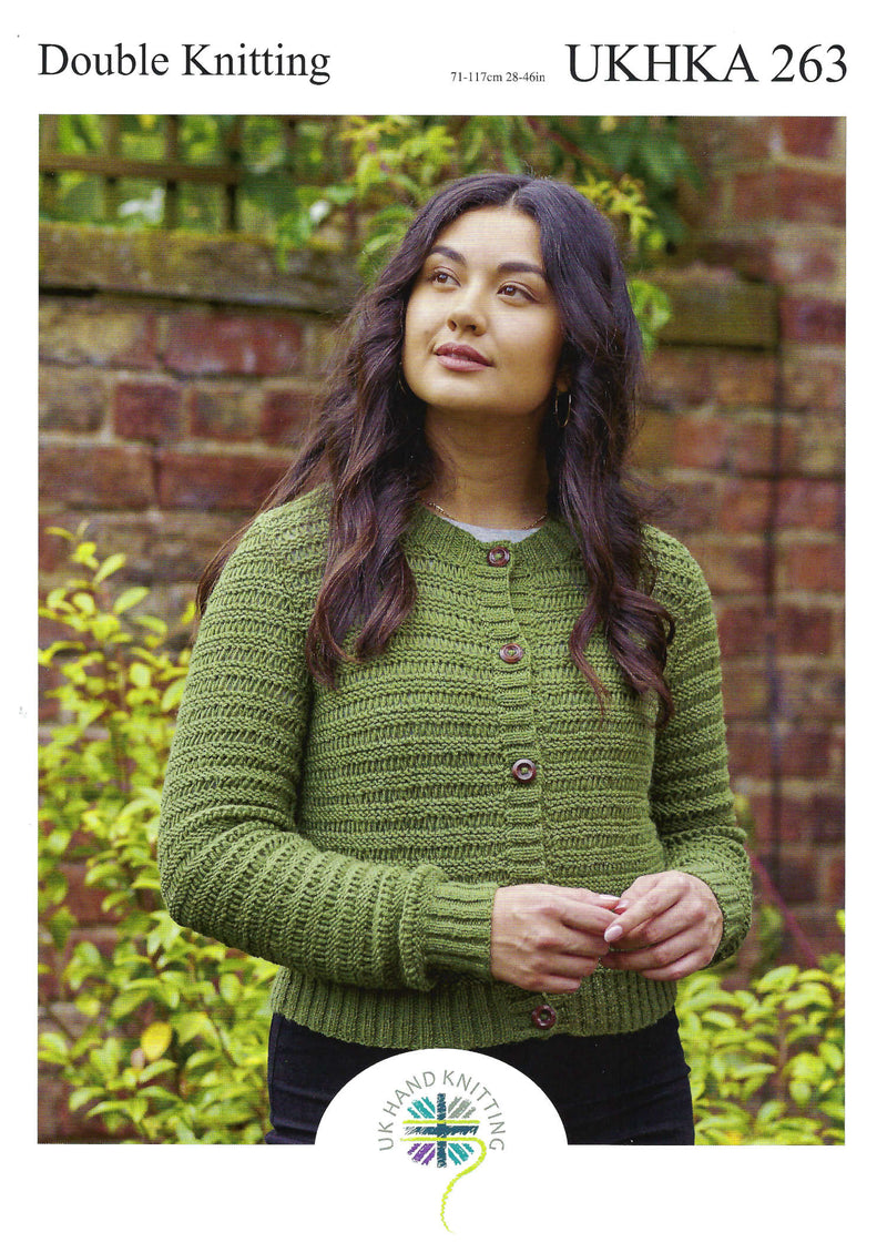UKHKA 263 Double Knitting Pattern - DK Ladies Cardigan (28-46in)