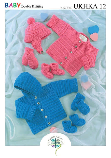 UKHKA 12 Double Knitting Pattern - DK Baby Jacket, Cardigan, Hat, Mittens & Bootees (0 to 2 Yrs)