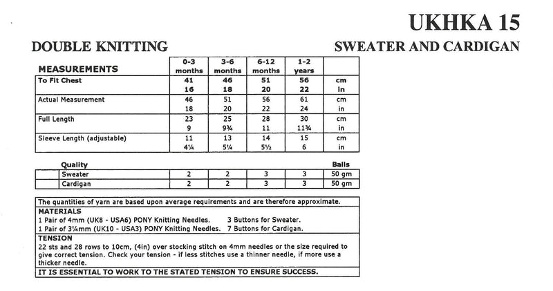 UKHKA 15 Double Knitting Pattern - DK Baby Sweater & Cardigan (0 to 2 Yrs)