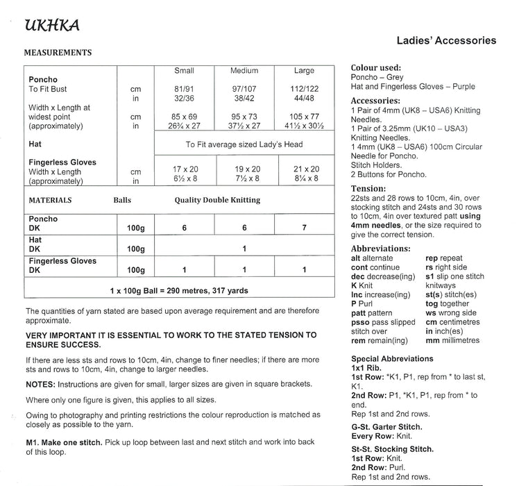 UKHKA 238 Double Knitting Pattern - Ladies DK Poncho, Hat & Fingerless Gloves