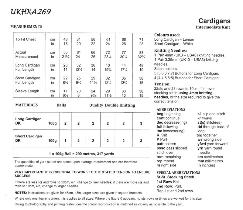 UKHKA 269 Double Knitting Pattern - DK Baby / Children's Cardigans (18-28in)