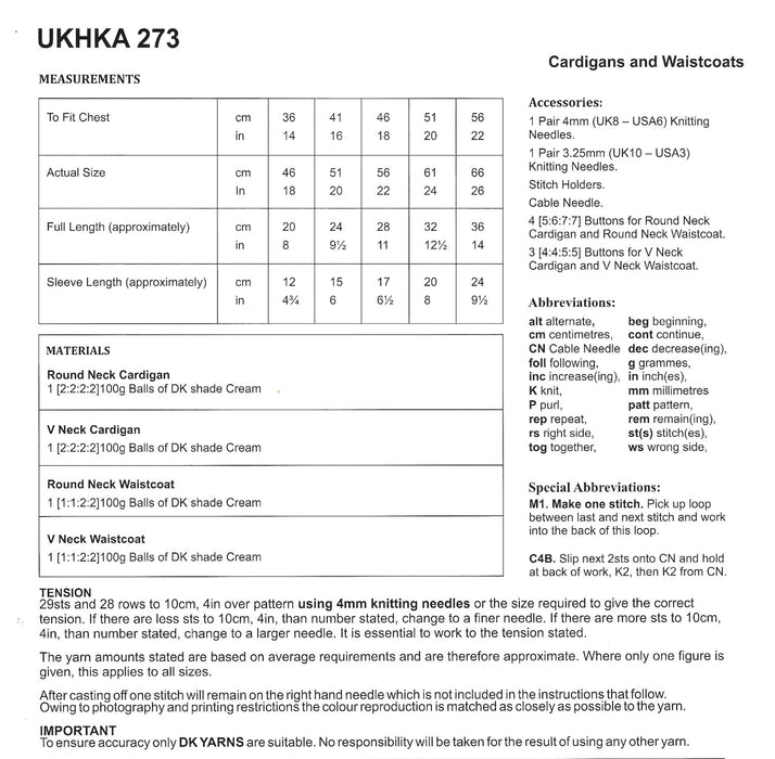 UKHKA 273 Double Knitting Pattern - DK Baby Cardigans & Waistcoats (14-22in)