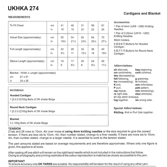 UKHKA 274 Double Knitting Pattern - DK Baby Cardigans & Blanket (16-24in)