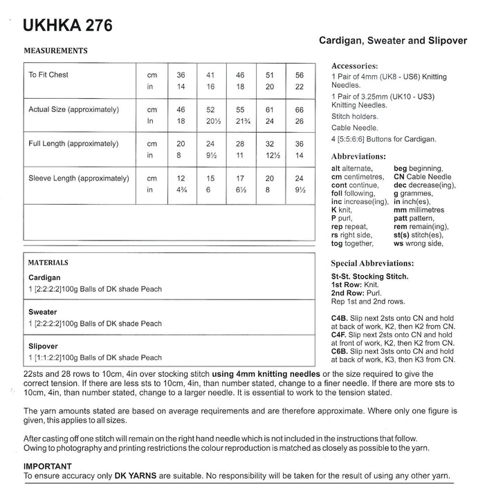 UKHKA 276 Double Knitting Pattern - DK Baby Cardigan, Sweater & Slipover (14-22in)