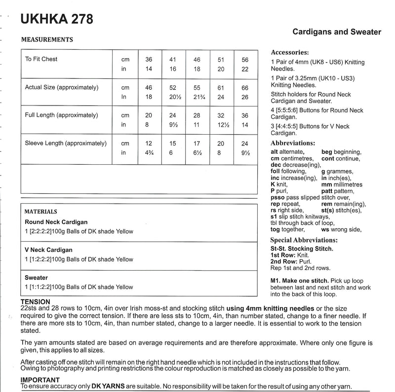 UKHKA 278 Double Knitting Pattern - DK Baby Cardigans & Sweater (14-22in)