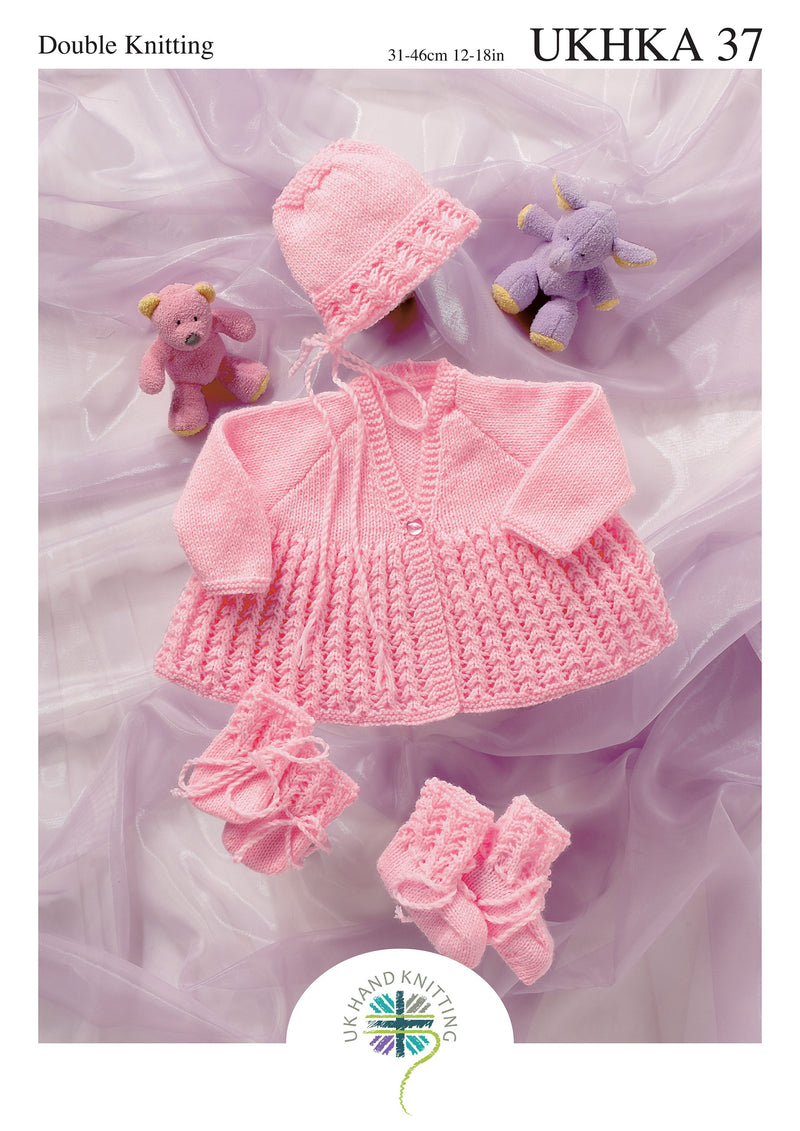 UKHKA 37 Baby Matinee Coat, Bonnet, Bootees & Mittens DK Knitting Pattern (Premature–6 Months)