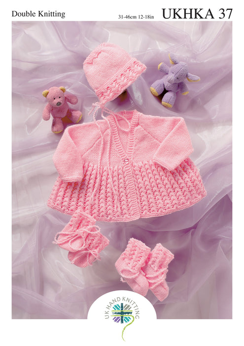 UKHKA 37 Baby Matinee Coat, Bonnet, Bootees & Mittens DK Knitting Pattern (Premature–6 Months)