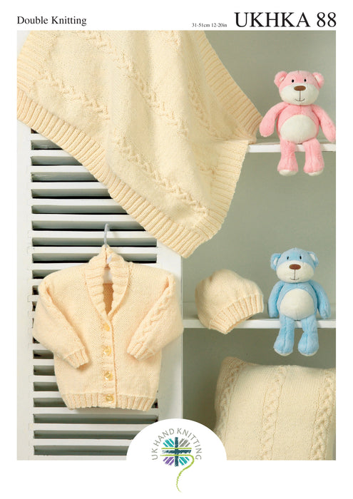 UKHKA 88 Baby DK Knitting Pattern – Cardigan, Hat, Blanket & Cushion Set (Prem to 12 months)