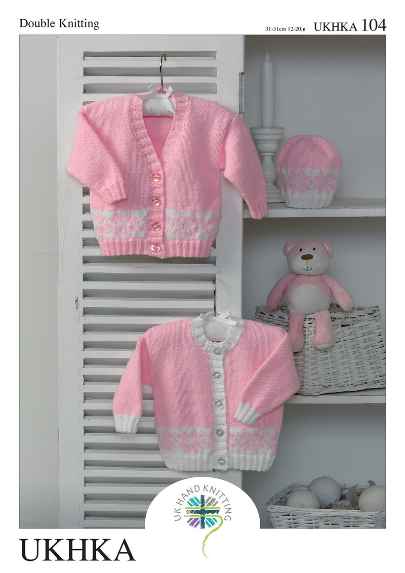 UKHKA 104 Double Knitting Pattern - DK Baby Cardigans & Hat (Prem to 12mnths)