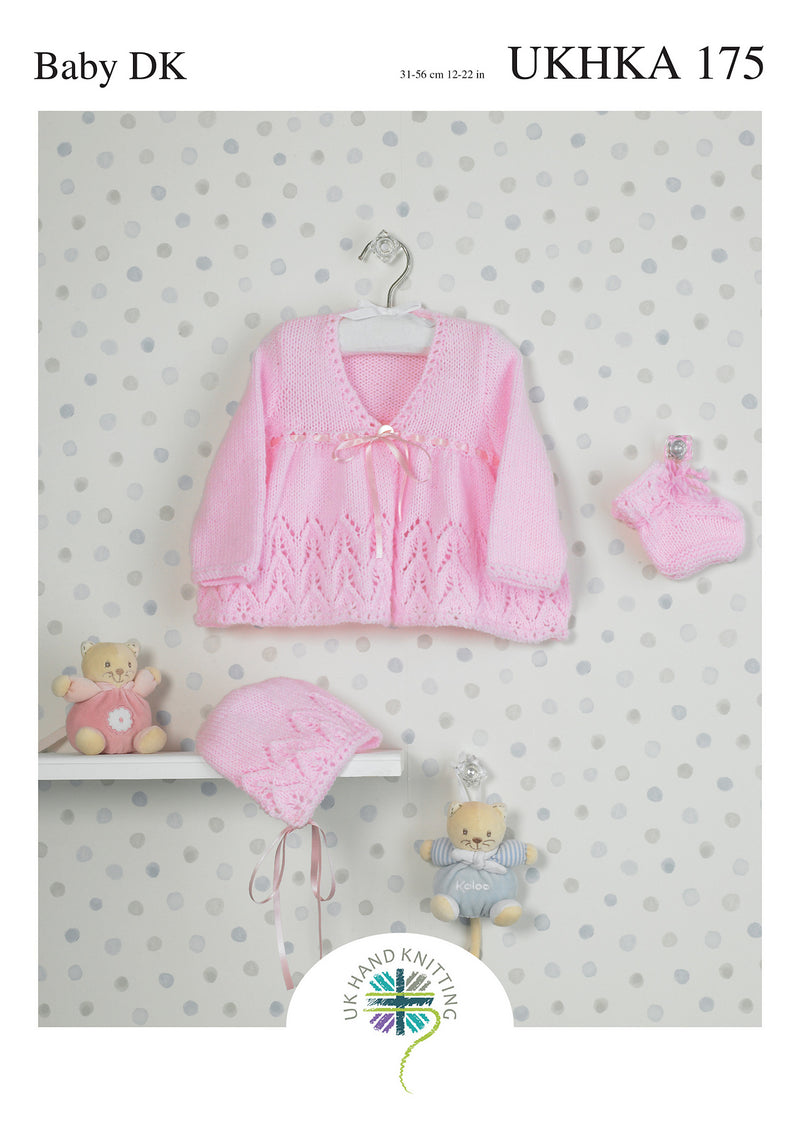 UKHKA 175 Double Knitting Pattern - DK Baby Matinee Coat, Bonnet & Bootees (12-22in)