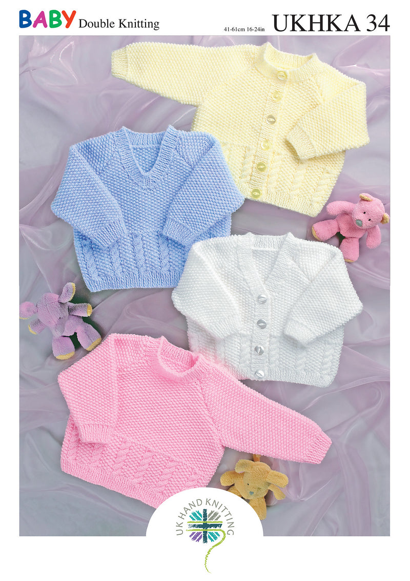 UKHKA 34 Double Knitting Pattern - DK Baby Cardigans & Sweaters  (0-4yrs)