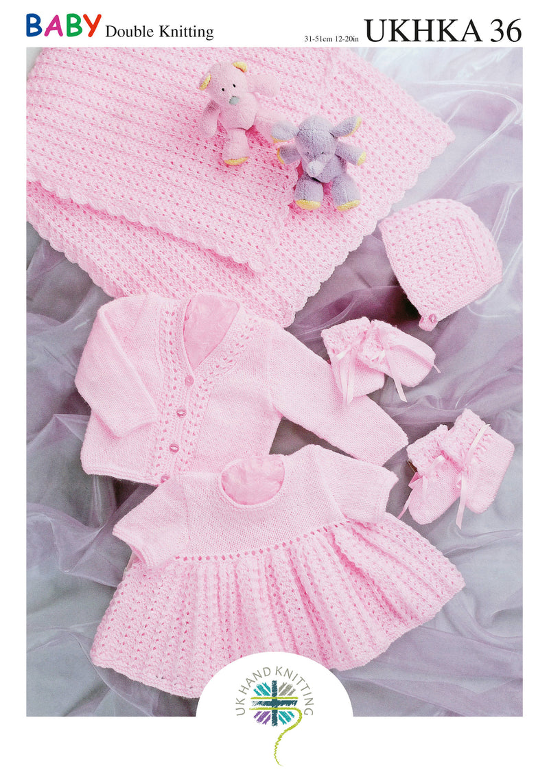 UKHKA 36 Double Knitting Pattern - DK Baby Shawl, Dress, Cardigan, Hat, Mittens & Bootees (Prem to 1 year)