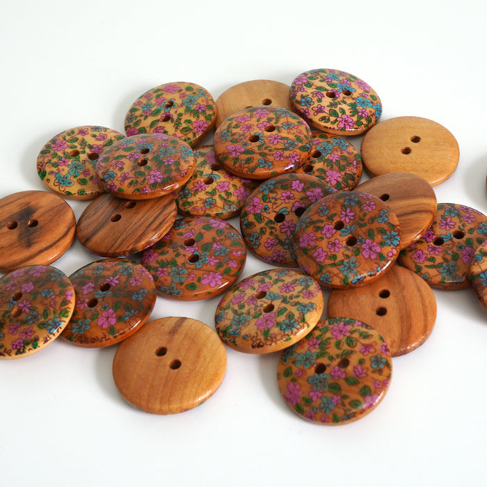 Maple Wood Buttons With Floral Print (2 Hole) 10 Pcs, 15mm, 20mm or 23mm
