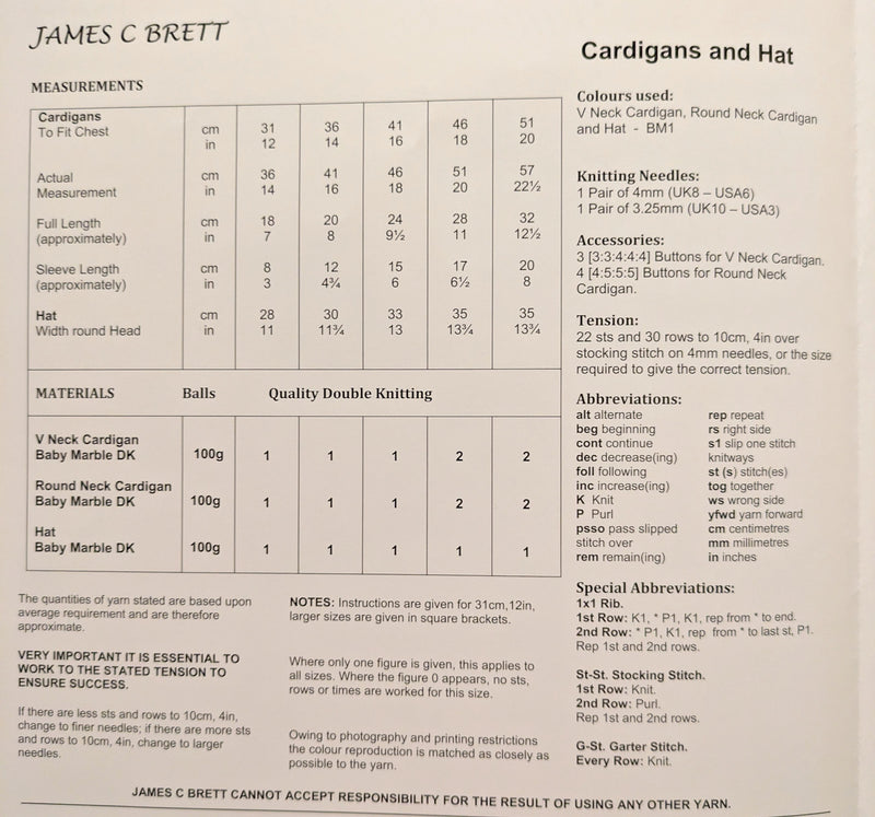 James C Brett JB009 Double Knitting Pattern - Baby Cardigans & Hat DK (12-20 in)
