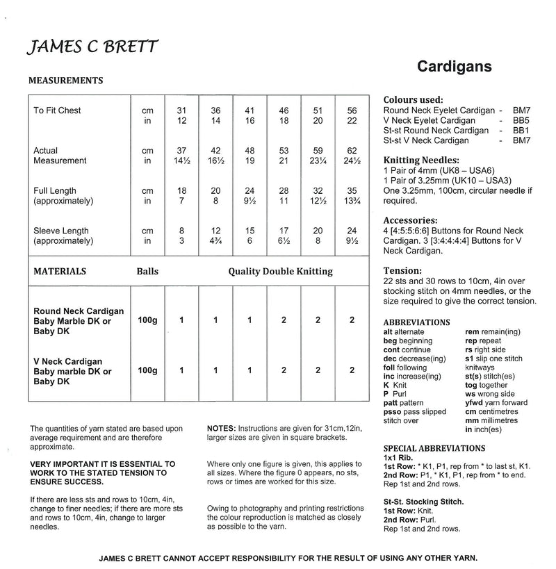 James C Brett JB025 Double Knitting Pattern - Baby Cardigans DK (12-22 in)