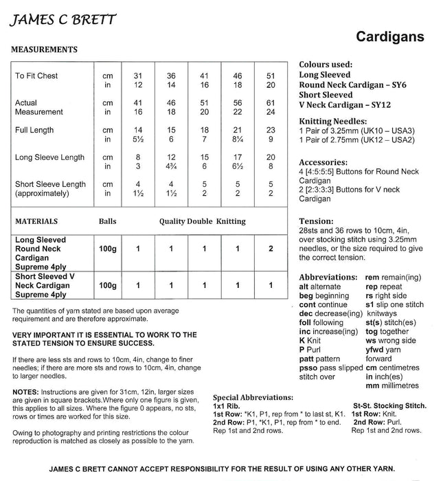 James C Brett JB123 4Ply Knitting Pattern - Baby Cardigans (12-20in)