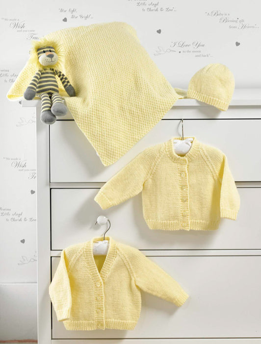 James C Brett Knitting Pattern JB518 - DK Baby Cardigans, Hat & Blanket (14-22in)