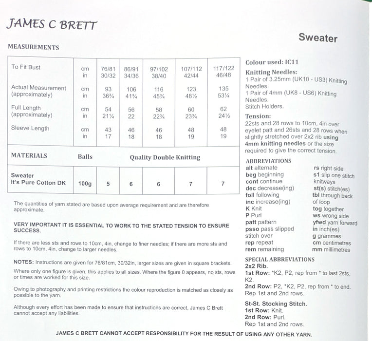 James C Brett JB673 Double Knitting Pattern - Cotton DK Sweater for Ladies