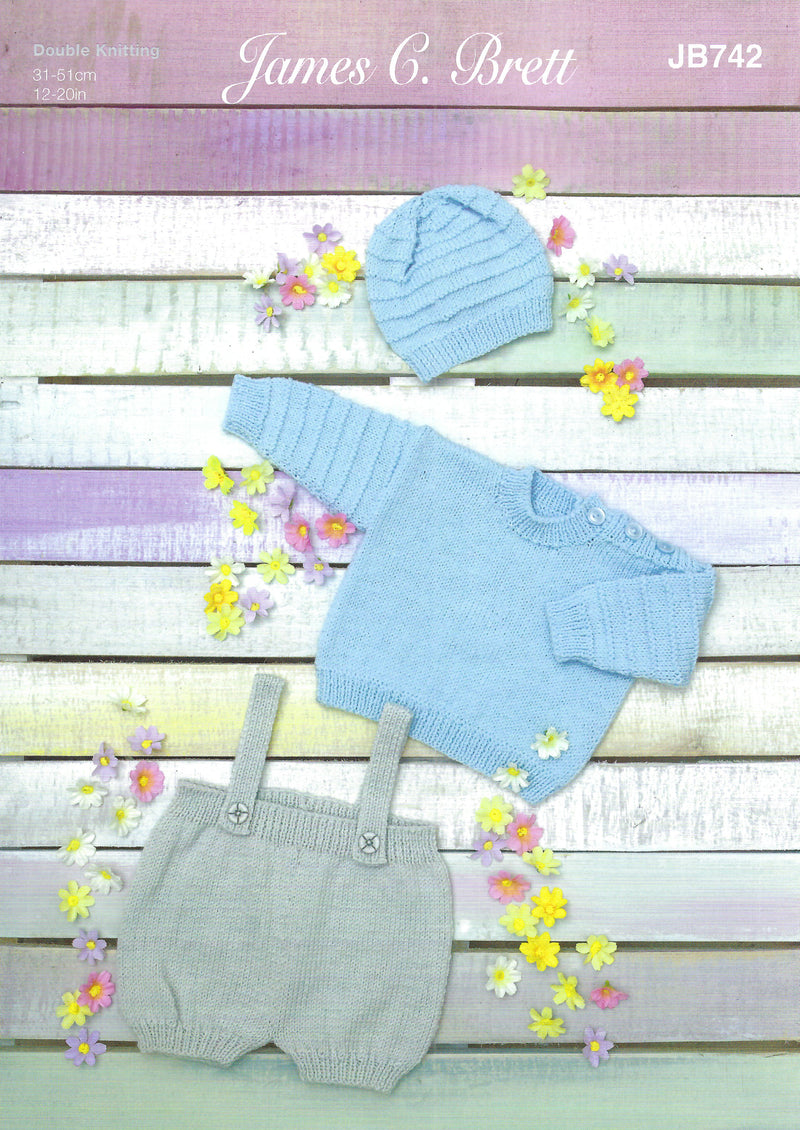 James C Brett Double Knitting Pattern JB742 - Baby Sweater, Shorts & Hat (12-20 in) DK
