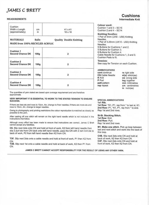 James C Brett JB790 - Double Knitting Pattern - Cushion Covers (Intermediate Knit)